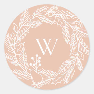 Rustic White Winter Wreath Monogram Blush Classic Round Sticker
