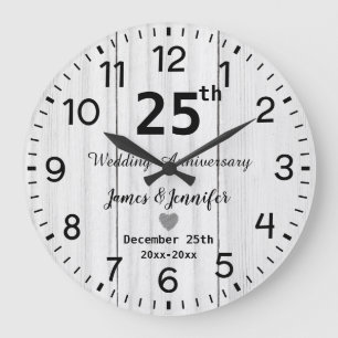 Rustic White Wood 25th Wedding Anniversary Custom Large Clock