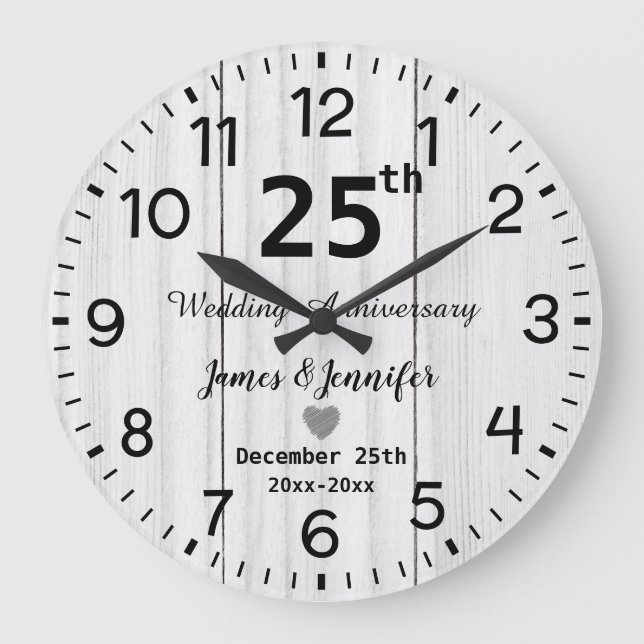 Rustic White Wood 25th Wedding Anniversary Custom Large Clock (Front)