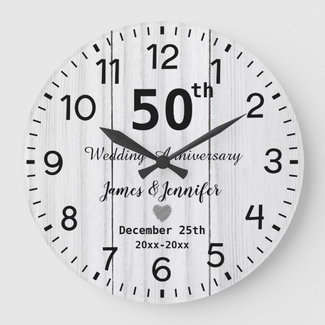 Rustic White Wood 50th Wedding Anniversary Custom Large Clock (Front)