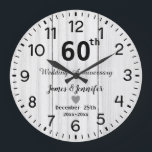 Rustic White Wood 60th Wedding Anniversary Custom Large Clock<br><div class="desc">60th Wedding Anniversary flower  Clock With Personalised Names and Year,  60 Year of Marriage gift for a couple,  60th wedding anniversary Christmas  Clock personalised 2025,  60th-anniversary gift ideas for a couple  Clock</div>