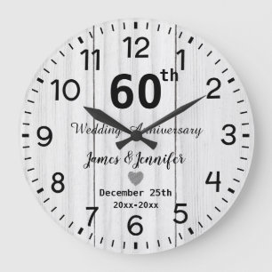 Rustic White Wood 60th Wedding Anniversary Custom Large Clock