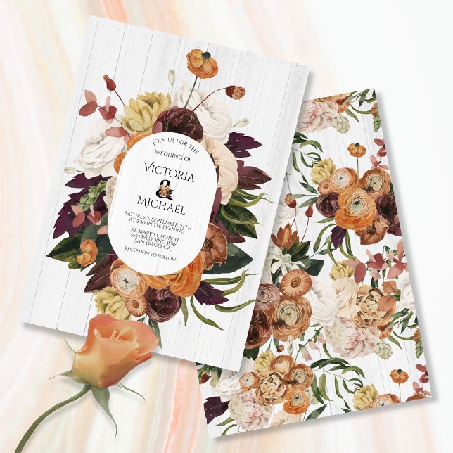 Rustic White Wood Autumn Floral Wreath Wedding Invitation (Creator Uploaded)