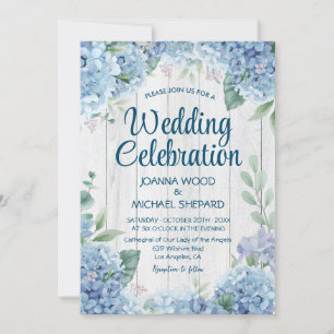 Rustic White Wood   Blue Hydrangea Wedding  Invitation