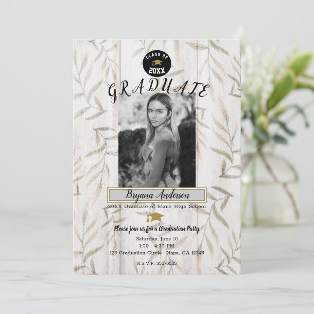 Rustic White Wood Botanical Photo Graduation Party Invitation (Standing Front)