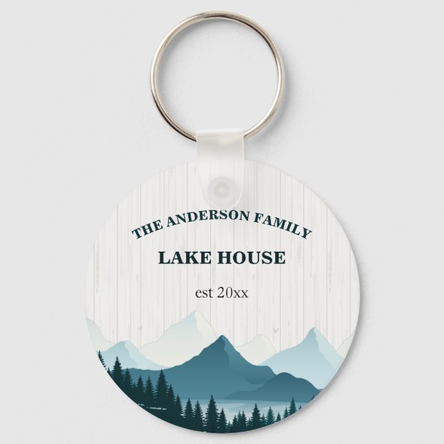 Rustic White Wood Custom Family Name Lake House Key Ring (Front)