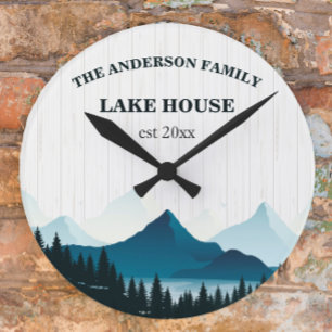 Rustic White Wood Custom Family Name Lake House Round Clock