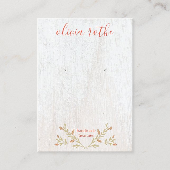 Rustic White Wood Floral Script  Earring  Display Business Card (Front)