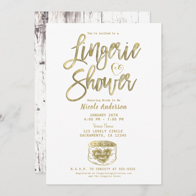 Rustic White Wood Glam Gold Lingerie Shower  Invitation (Front/Back)