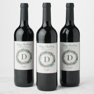 Rustic White Wood Green Wreath Monogram Merry Wine Label