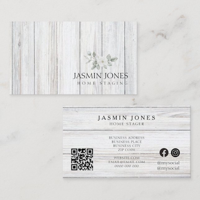 Rustic White Wood Greenery Home Staging Business Card (Front/Back)