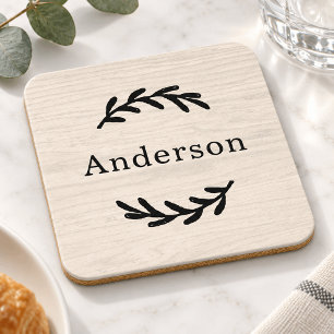 Rustic White Wood Laurel Monogram Est Coaster
