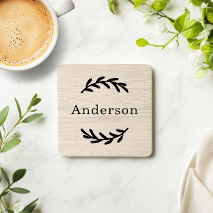 Rustic White Wood Laurel Monogram Est Coaster