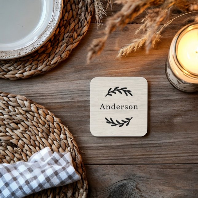 Rustic White Wood Laurel Monogram Name Coaster (Creator Uploaded)
