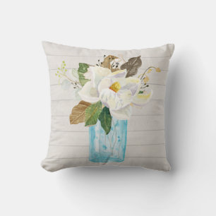 Rustic White Wood Magnolia Floral Blue Glass Vase Cushion