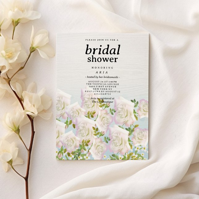 Rustic white wood pink mint roses Bridal Shower Invitation (Rustic white wood pink mint roses Bridal Shower)