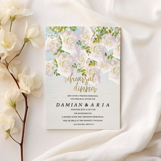 Rustic white wood pink mint roses Rehearsal Dinner Invitation (Rustic white wood pink mint roses Rehearsal Dinner)