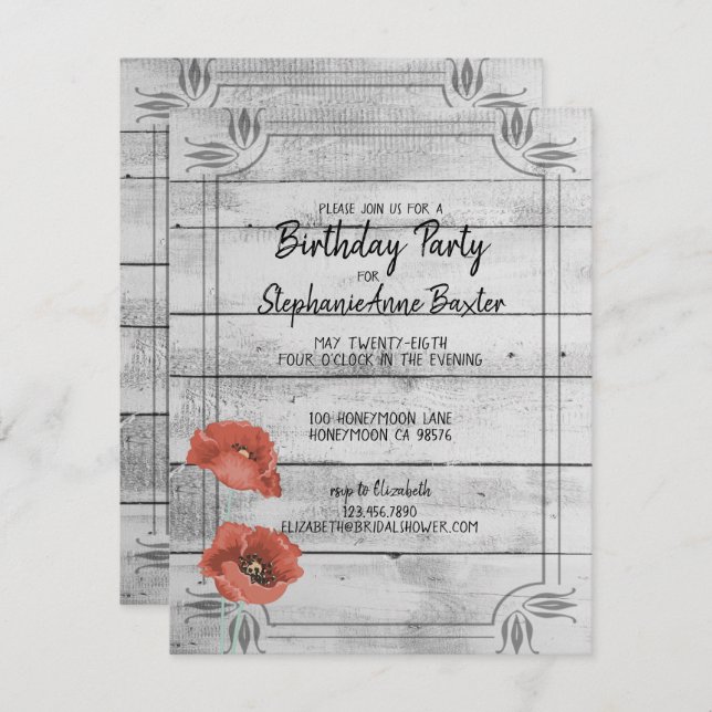 Rustic White Wood Poppy Flowers Birthday Invitatio Invitation (Front/Back)