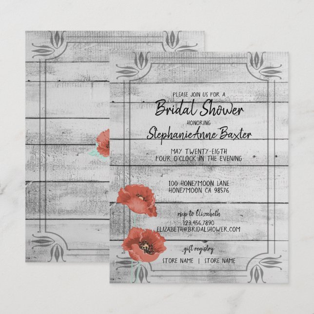 Rustic White Wood Poppy Flowers Bridal Shower Card (Front/Back)