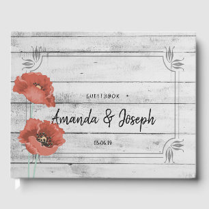 Rustic White Wood Poppy Flowers Wedding Guestbook