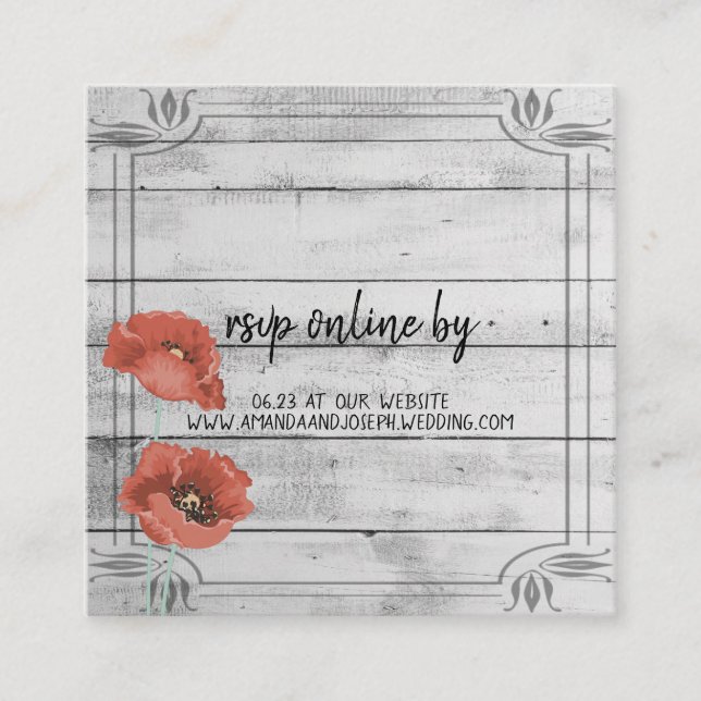 Rustic White Wood Poppy Flowers Wedding RSVP Card (Front)