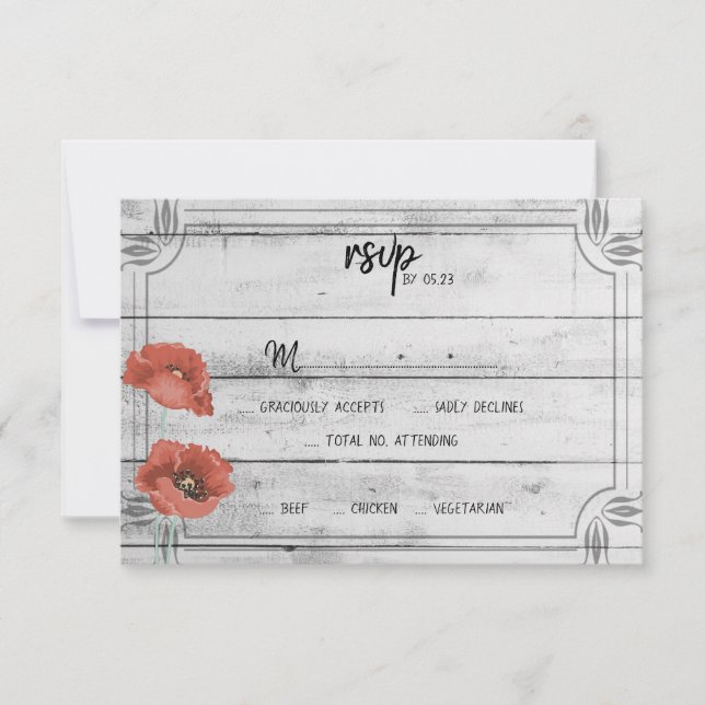 Rustic White Wood Poppy Flowers Wedding RSVP Card (Front)