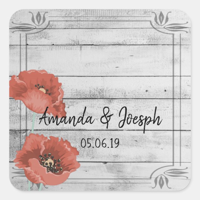 Rustic White Wood Poppy Flowers Wedding Stickers (Front)