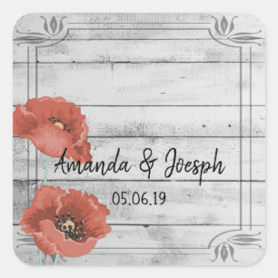 Rustic White Wood Poppy Flowers Wedding Stickers