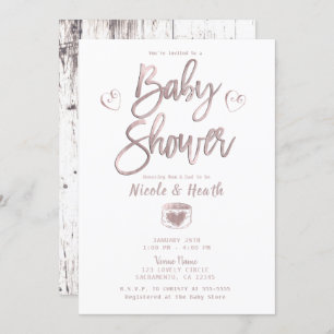 Rustic White Wood Rose Gold Pink Baby Shower   Invitation