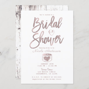 Rustic White Wood Rose Gold Pink Bridal Shower  Invitation