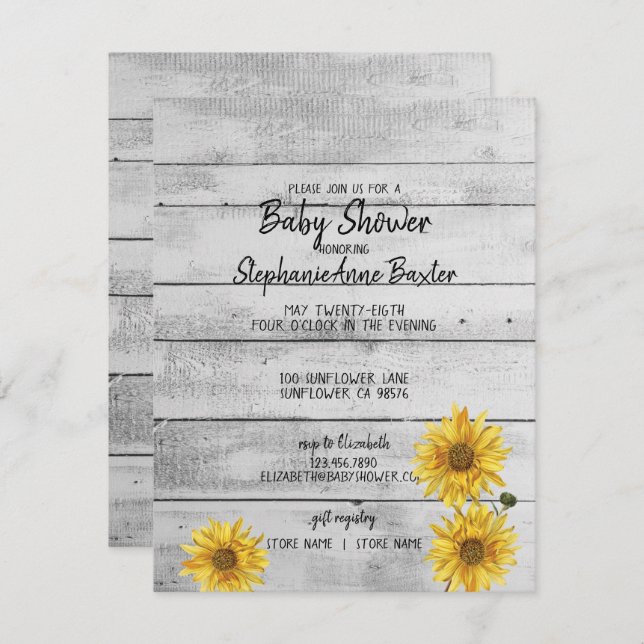 Rustic White Wood Sunflowers Baby Shower Card (Front/Back)