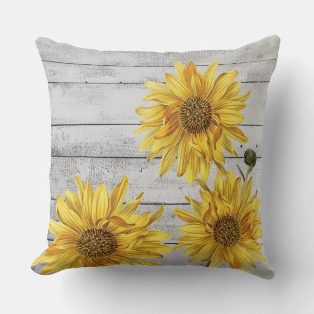 Rustic White Wood Sunflowers Throw Pillow (Front)