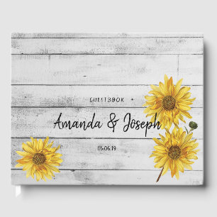Rustic White Wood Sunflowers Wedding Guestbook