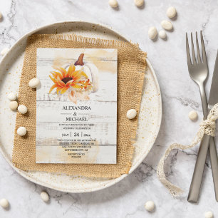 Rustic White Wood Watercolor Pumpkin Sunflower   Invitation
