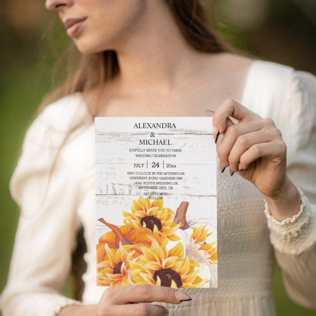 Rustic White Wood Watercolor Pumpkin Sunflower  Invitation (Creator Uploaded)