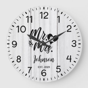 Rustic White wooden Elegant Script Mr & Mrs Large Clock