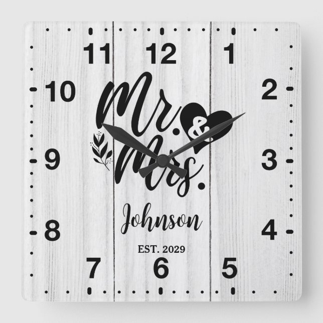 Rustic White wooden Elegant Script Mr & Mrs Square Wall Clock (Front)