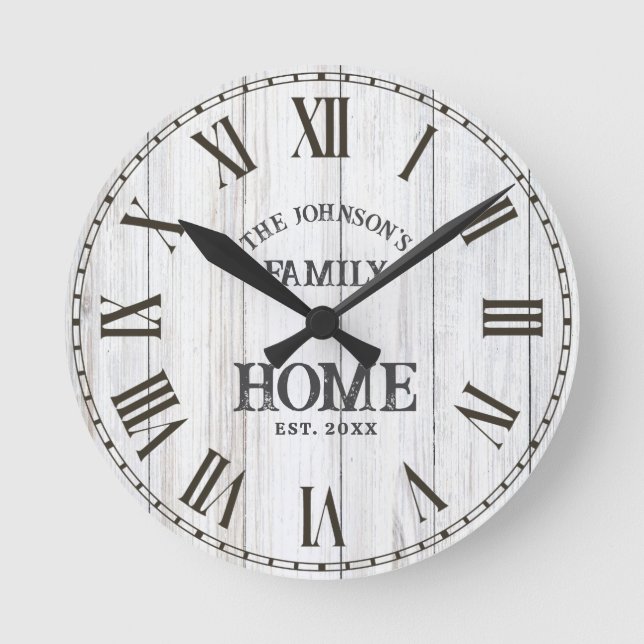 Rustic White Woodgrain Family Name Round Clock (Front)