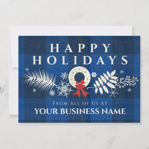 Rustic White Wreath Blue Plaid Corporate Business Holiday Card