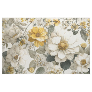 Rustic White Yellow Botanical Vintage Floral Fabric