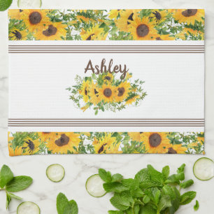 Rustic White Yellow Sunflower Personalised Tea Towel