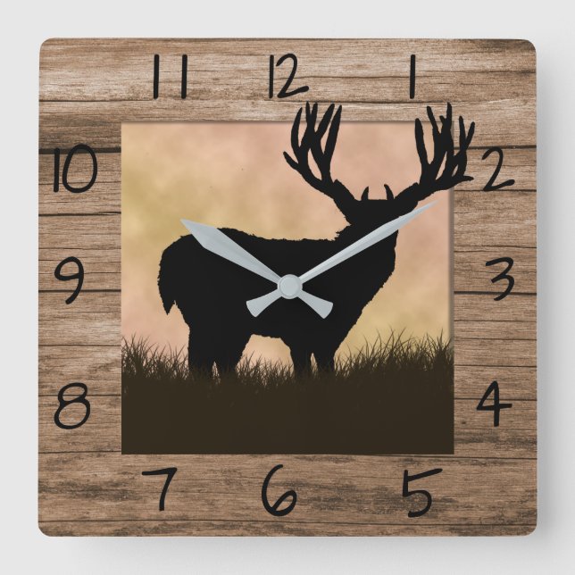Rustic Whitetail Deer Square Wall Clock (Front)