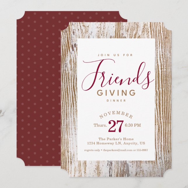 Rustic Whitewashed Wood Friendsgiving Dinner Invitation (Front/Back)