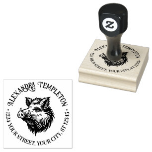  Rustic Wild Boar Head Name Return Address #1P Rubber Stamp