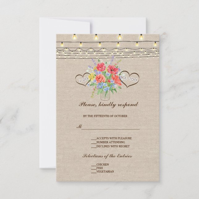 Rustic Wild Flowers Burlap Wedding RSVP Card (Front)