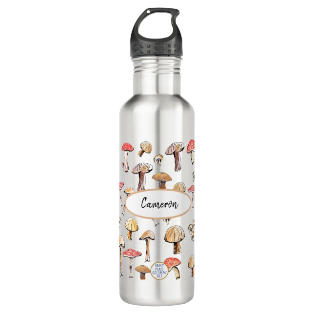 Rustic Wild Mushroom Hand-Illustrated Personalised 710 Ml Water Bottle (Front)