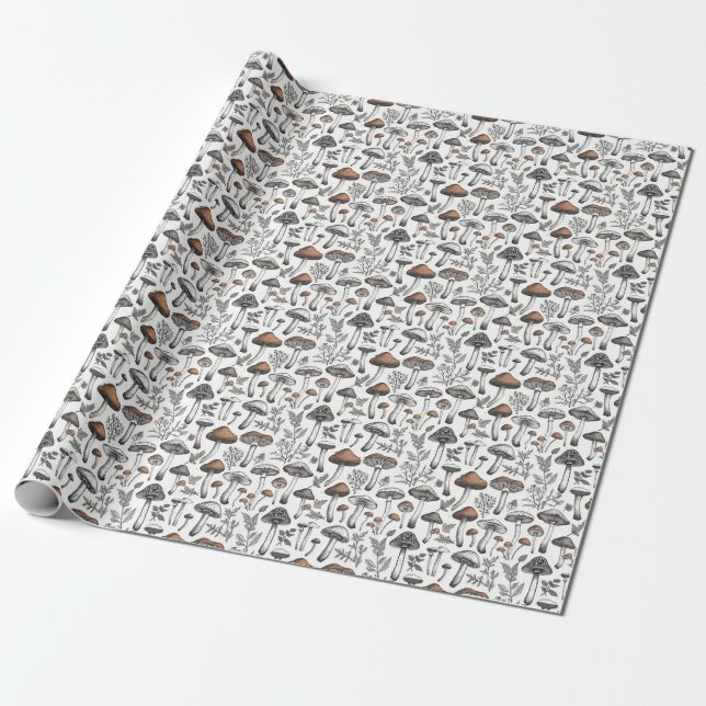 Rustic Wild Mushroom Sketch Design by CallisC Arts Wrapping Paper (Unrolled)
