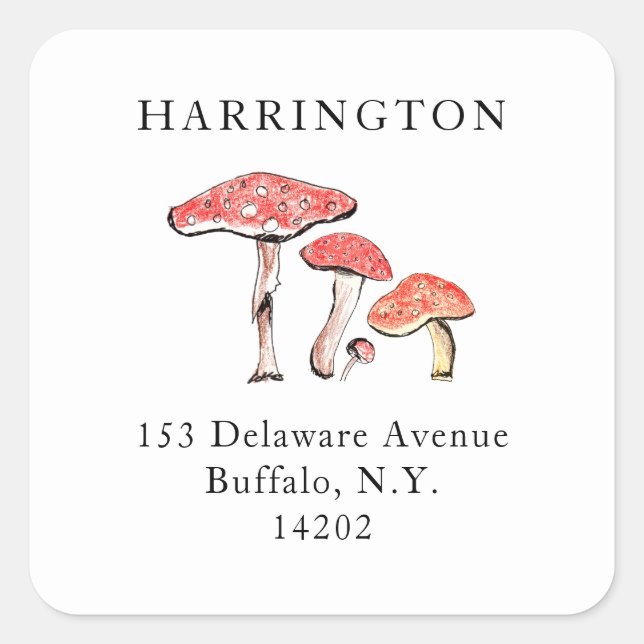Rustic Wild Mushrooms Elegant Hand-Drawn Address Square Sticker (Front)