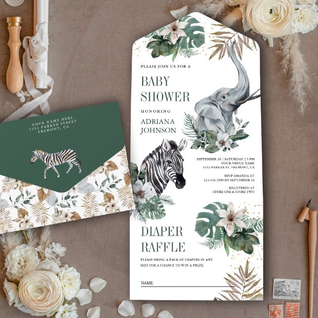 Rustic Wild Safari Zebra and Elephant Baby Shower All In One Invitation (Creator Uploaded)