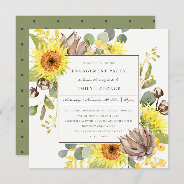 RUSTIC WILD SUNFLOWER EUCALYPTUS FLORAL ENGAGEMENT INVITATION (Front/Back)